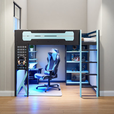 Full Size Wood Loft Bed With Desk, Shelves, Power Outlet & USB/Type-C Ports, , And RGB Light