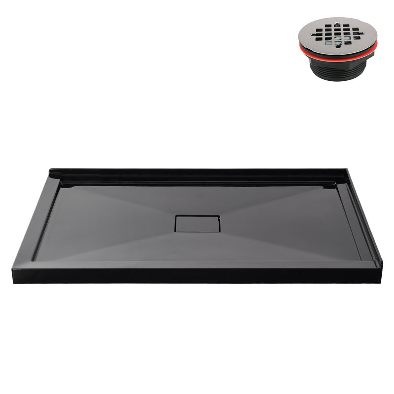 Base de douche 48 po x 36 po en acrylique noir brillant avec drain central, drain inclus, Noir lustré