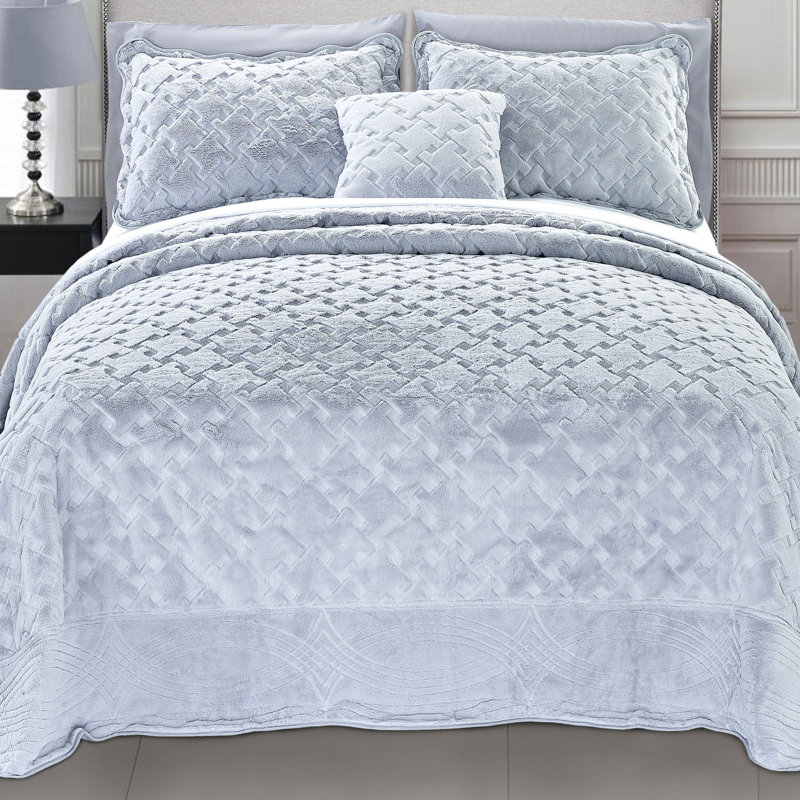 4 Piece Tatami Quilted Faux Fur Set, Queen Coverlet + 3 Additional Pieces, Gray