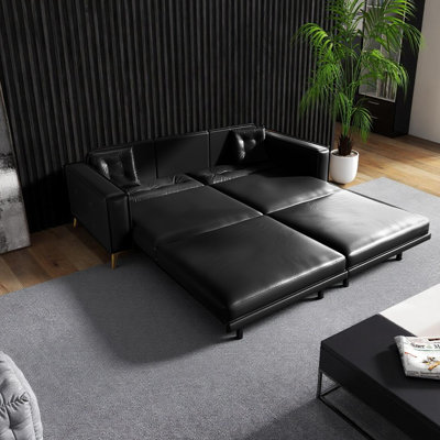 Faux Leather 3-In-1 Convertible Sleeper Sofa With Ultra-Wide Armrests,Pull-Out Sofa Bed With 2 Pillows,Black
