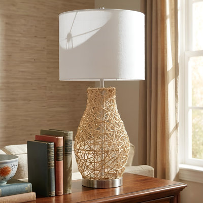 Lampe de table 13 "en métal et rotin avec abat-jour en tissu