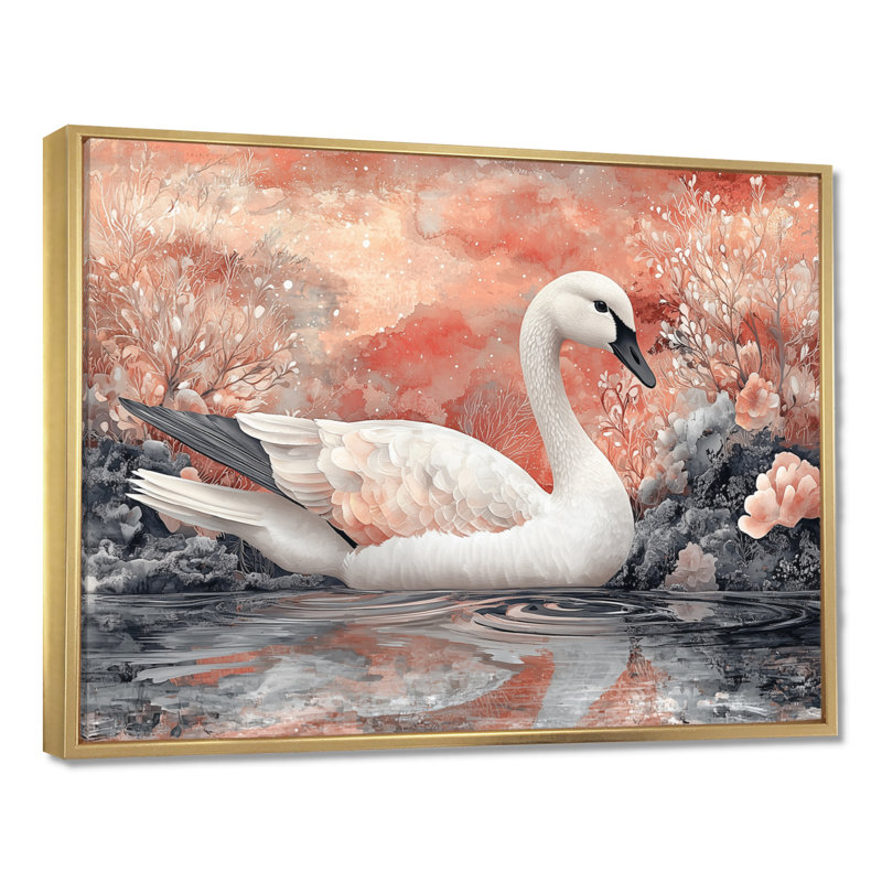 Rose cygne, reflets de l'élégance - cygnes, art mural, H 24 po x l 32 po, Impression encadrée flottante, Doré