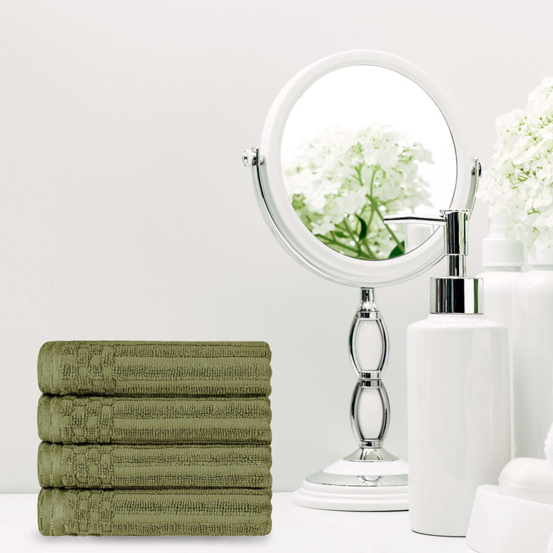 Kleiman Cotton Highly Absorbent Solid and Checkered Border Hand Towel Set, Sage Green
