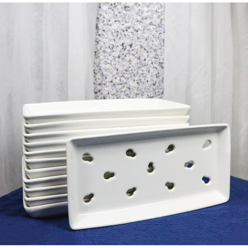 Pack Of 12 Ceramic White Neta Zara Sushi Case Plates With Drip Holes 8" By 4", 1" H x 8.25" W x 4.25" D