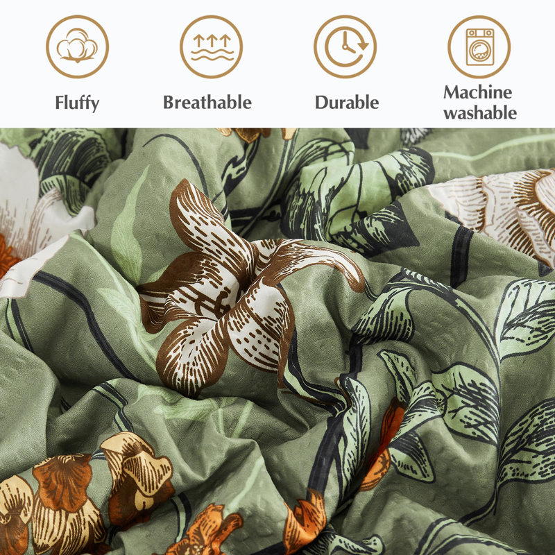 Comforter Set, Comforter Set with Pattern, Soft Seersucker Design All Season Microfiber Bedding Set, Green Butterfly & Floral