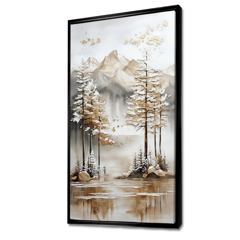 «White Brown Glacier Reflection Pines II», impression encadrée sereine, décoration murale paysage, Cadre flottant noir