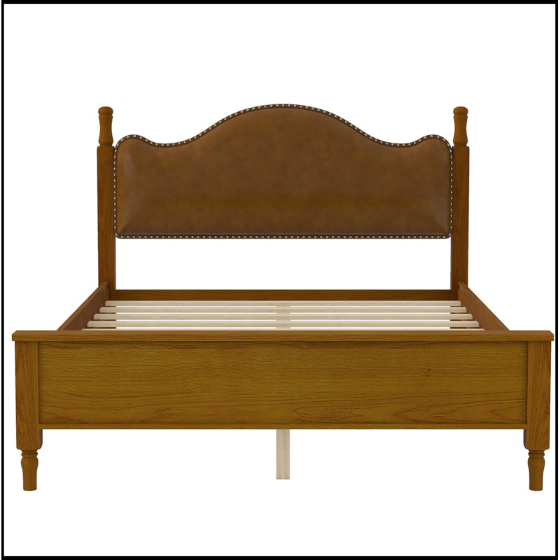 Grand lit plateforme en bois avec tête de lit tapissier, Brun