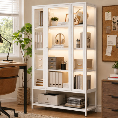 Modern Minimalist Three Sided Glass Display Cabinet with LED Lighting Adjustable Steel Shelves and Tempered Glass Door for Living Room Home Office or Study