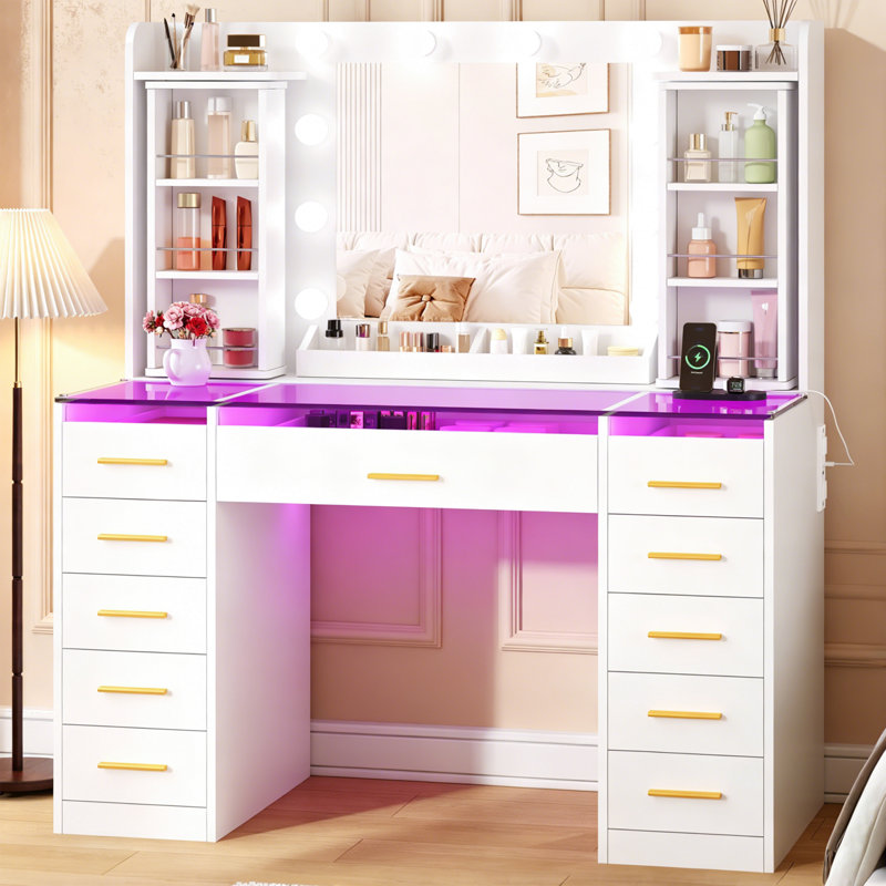 Vanity Desk with 11 Drawers & 360° Rotating Organizer, Mirror Lights, Glass Top & Power Outlet