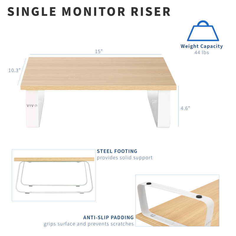 Support pour écran de bureau 15 po VIVO, support de bureau, plateau en bois clair, pieds blancs