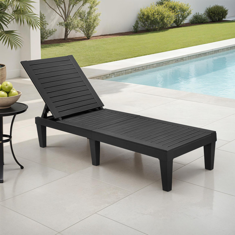 Alizay 74" Long Outdoor Resin Reclining Chaise Lounge, 1, Black