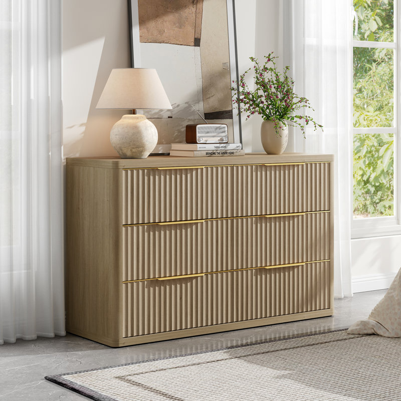 Cesiro 53.5"W Fluted Panel 6-Drawer Dresser With Gold Handles, Natural Oak, 1