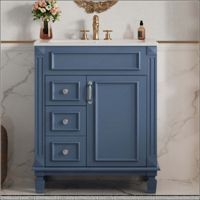 Meuble-lavabo de 61 cm avec lavabo en céramique, meuble de rangement de style français avec 2 tiroirs, étagère réglable et portes à fermeture douce, meuble-lavabo compact pour petits espaces