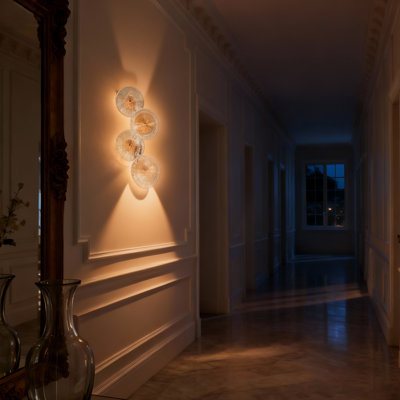 4-Light Glass Wall Lamp, Brass Finish Iron & Glass Wall Sconce With Built-In Led Warm Light