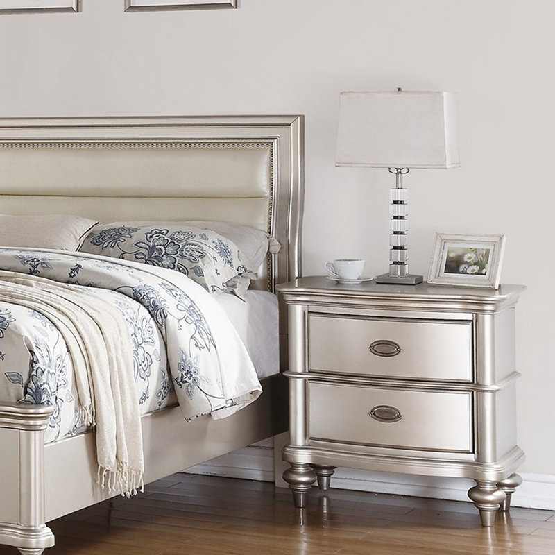 Table de chevet classique Classic Finition beige / blanc ou table de chevet 2 tiroirs en argent antique
