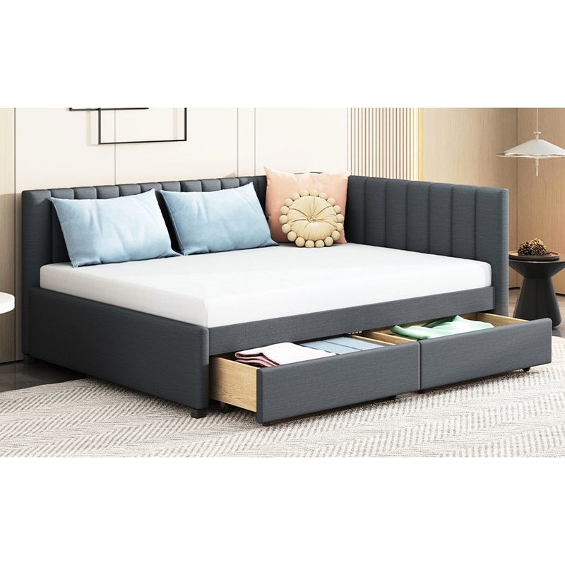 Full Daybed With 2 Drawer Storage, Linen In Gray. Bed Frame Without Box Spring For A Relaxing Time Storage Upholstery, Cozy Bedroom Environment