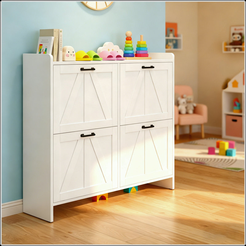 White Modern Fence Shoe Cabinet with 4 Flip Drawers for Living Room, White