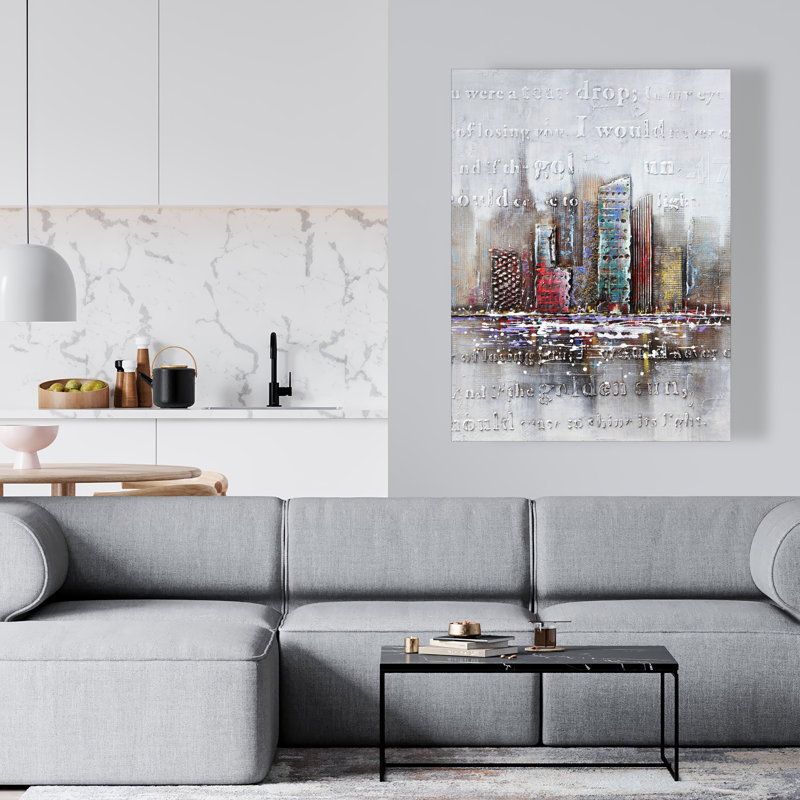 Cityscape with Typography Relief - Gray Building Canvas Art