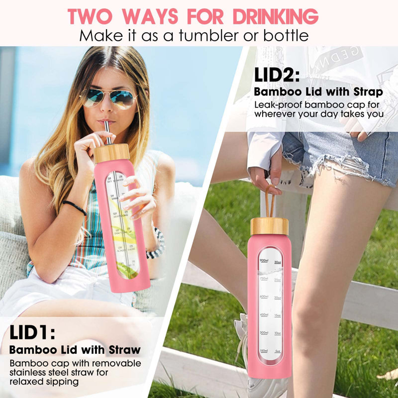 32 oz. LoochMee Bouteille d'eau en verre, Rose