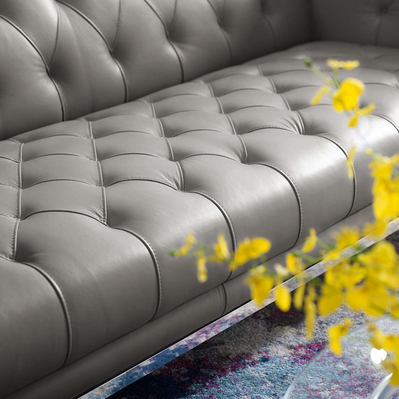 Idyll Tufted Button Upholstered Leather Chesterfield Sofa, Gray Genuine Leather