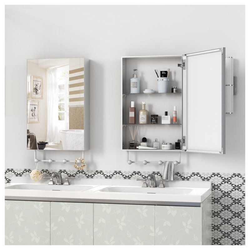 Armoire à pharmacie murale avec miroir, 16 po x 24 po, rangement en aluminium pour salle de bain, argent