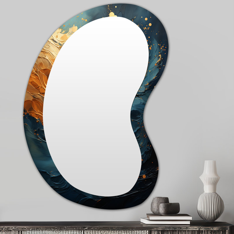 Isak Golden Sapphire Surge III - Abstract Spirals Unique Shape Unique Mirror, Gold Asymmetrical Large Wall Mirror, Printed Metal Art