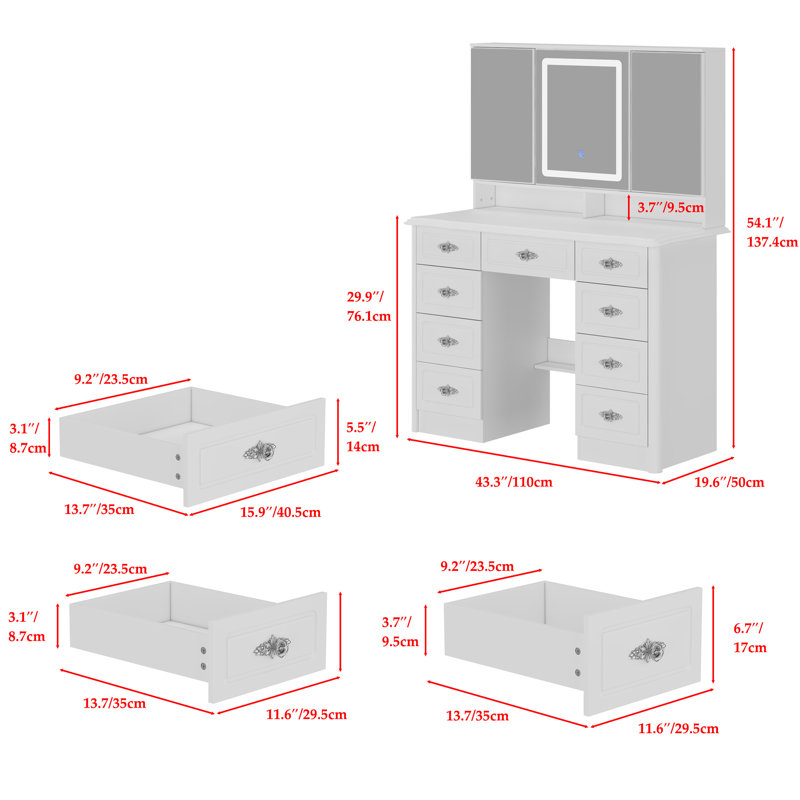 110cm Dressing Table with Tri-Fold LED Mirror & 9 Drawers - High-Capacity Vanity with Hidden Storage