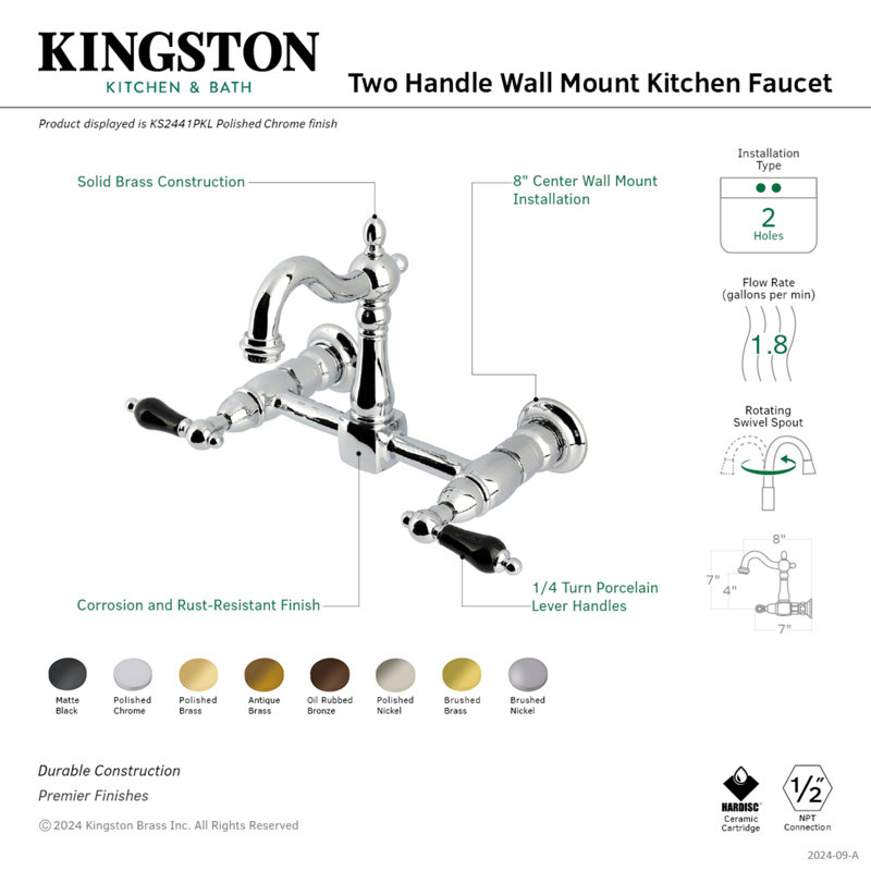 Kingston Brass Duchess Double-Handle 2-Hole Wall-Mount Bridge Kitchen Faucet, Brushed Nickel