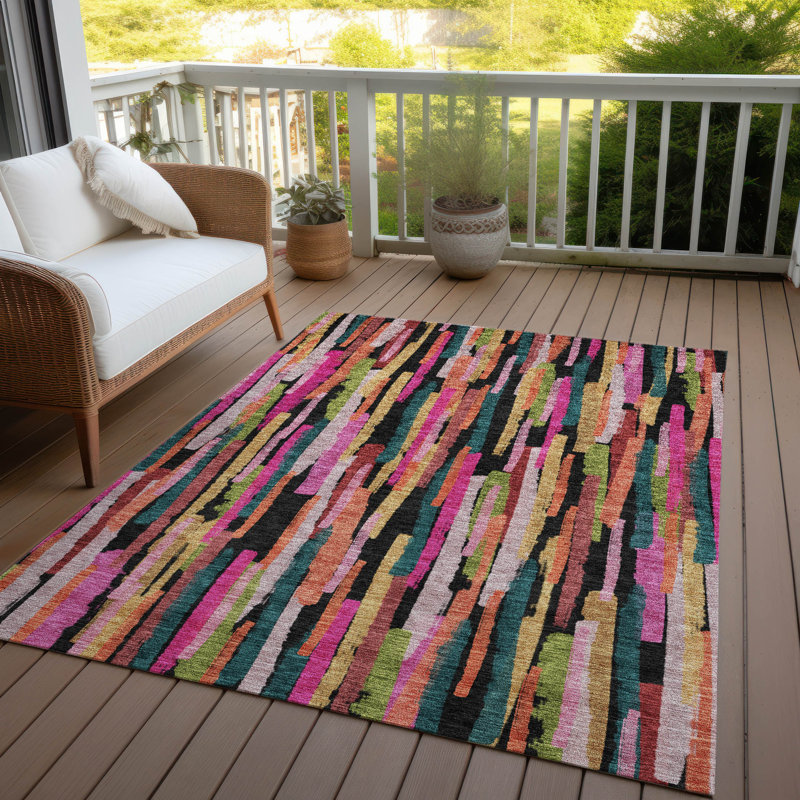 Pink and White Striped Washable Synthetic Area Rug 3' x 5'