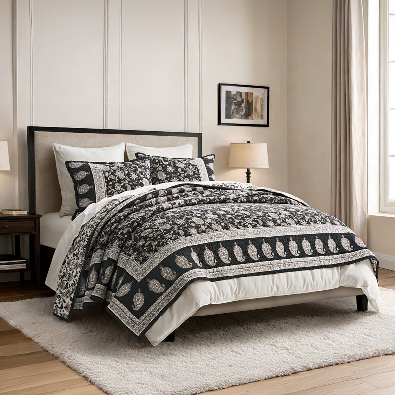 Ensemble de courtepointe 100% coton, Courtepointe très grand et 2 très grandes taies, Ébène taupe floral