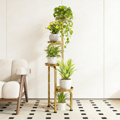 Support à plante en coin à 4 niveaux pour l'intérieur et l'extérieur, tablette en métal robuste avec plateaux de drainage, pieds réglables pour plusieurs plantes dans le salon, le patio, le balcon
