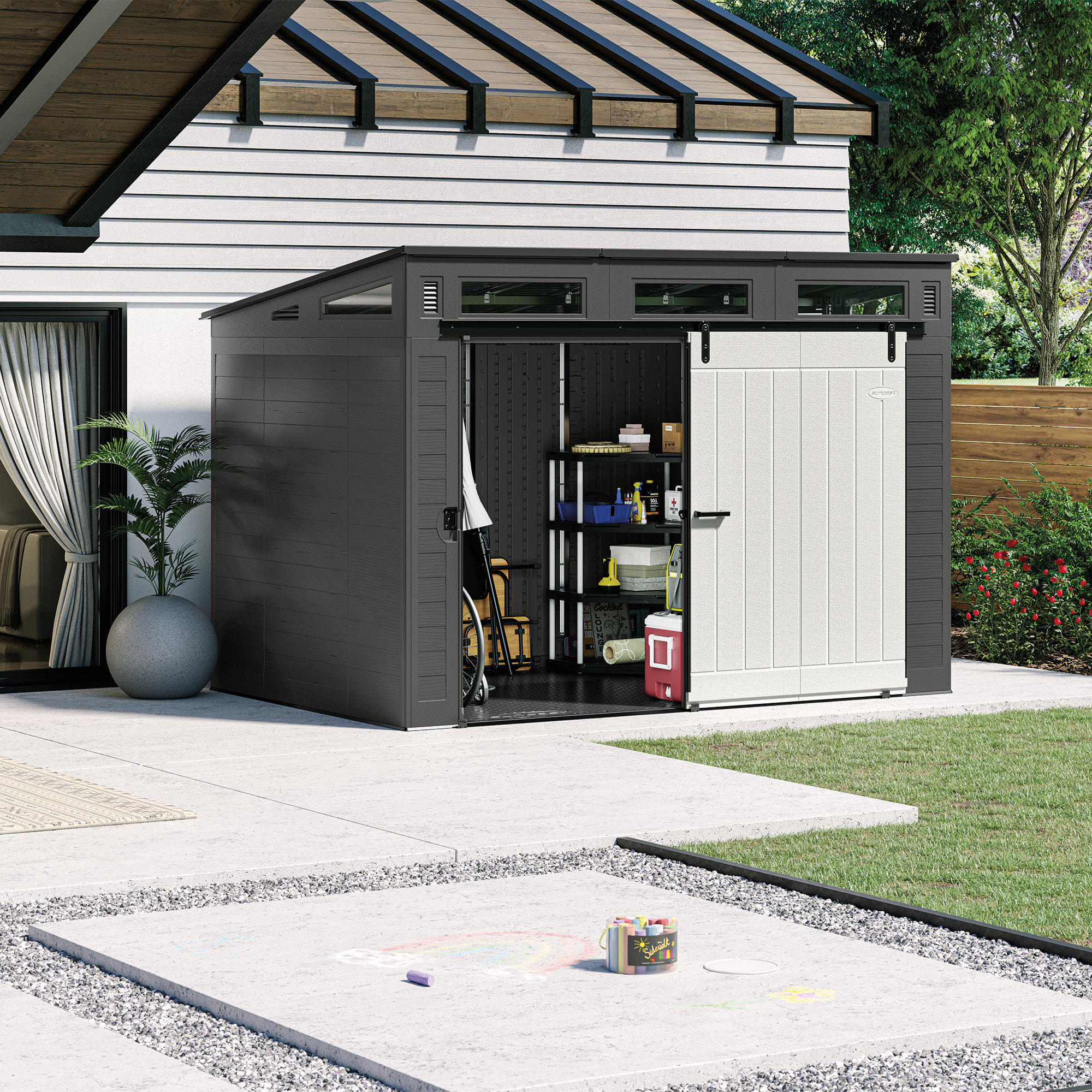 Keter Factor 8 x 11 Foot All Weather Plastic Outdoor Storage Shed with 2  Shelves Included and Built-in Ventilation for Backyard Organization, Taupe