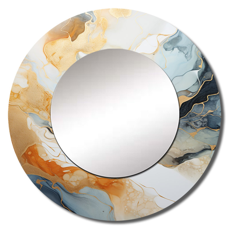 Peinture abstraite beige et doré Geyser I - miroir décoratif de formes abstraites, miroir mural rond beige, impression d'art en métal