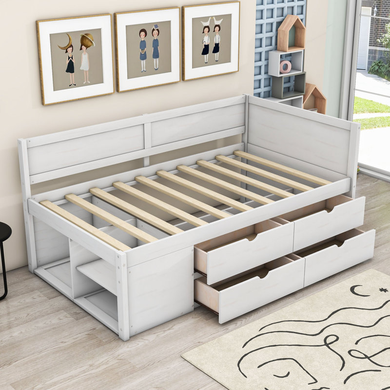Kouta Wood Daybed with Drawers and Shelves, Twin, White