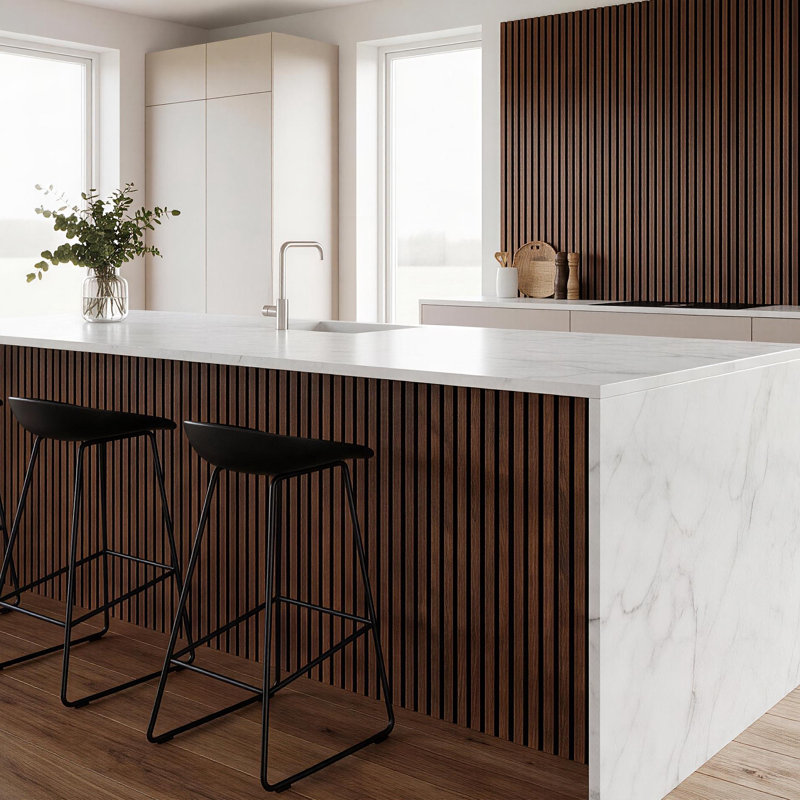 Ensemble de 4 panneaux muraux acoustiques/insonorisants 3D en lattes de bois, 240 cm x 60 cm, couleur noyer foncé