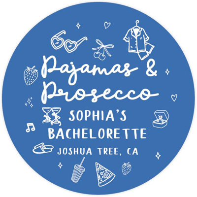 Custom Blue Pjs And Prosecco Bachelorette Stickers For Hangover Kits, Sleepover Favors, 40 Pack