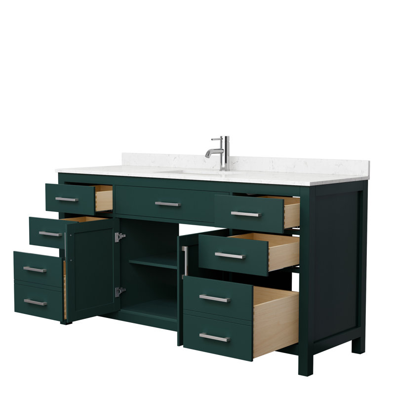 Beckett 66" Freestanding Single Bathroom Vanity with Cultured Marble Top, Green, Brushed Nickel, Carrara Cultured Marble
