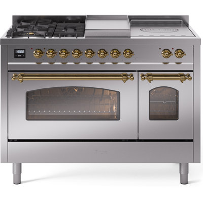 ILVE Nostalgie II Series 48 in. Dual Fuel Range with 5 Sealed Burners, Griddle, Frenchtop (Natural Gas, Glass Door)