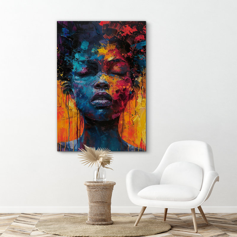 «Pop Urban Street», orange, bleu, afro-américain, portrait féminin, chambre à coucher, œuvre d'art encadrée sur toile
