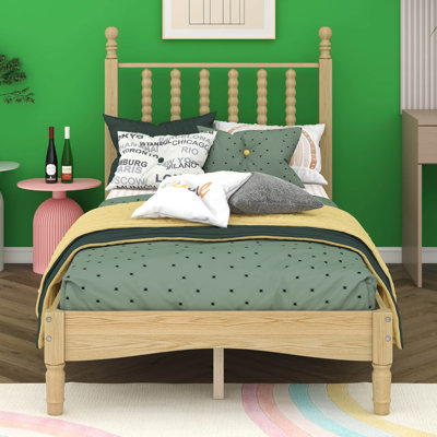 Wood Bed Frame Twin Size With Spindle Headboard, Retro Style Spindle Beds