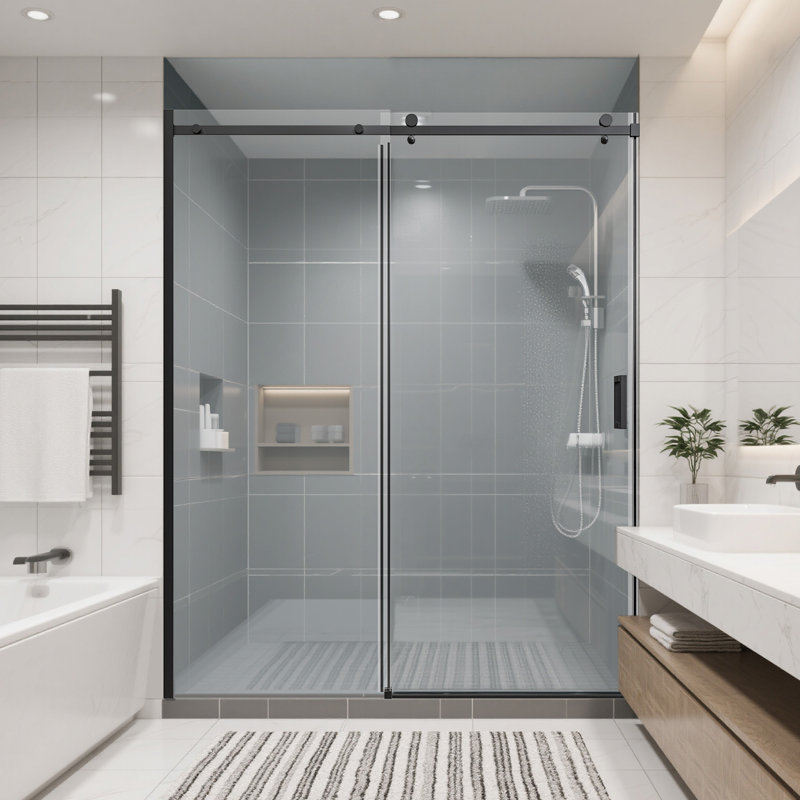 56-60" W * 74" H Frameless Single Sliding Shower Doors, Bathroom Sliding Shower Door, 5/16" (8mm) Thick Sgcc Tempered Glass Door, Matte Black