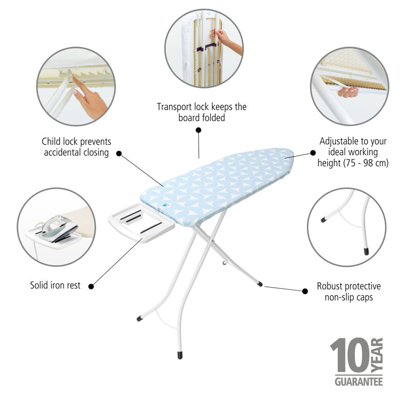 Brabantia Size C Ironing Board with Solid Steam Iron Rest, Sky Blue/White