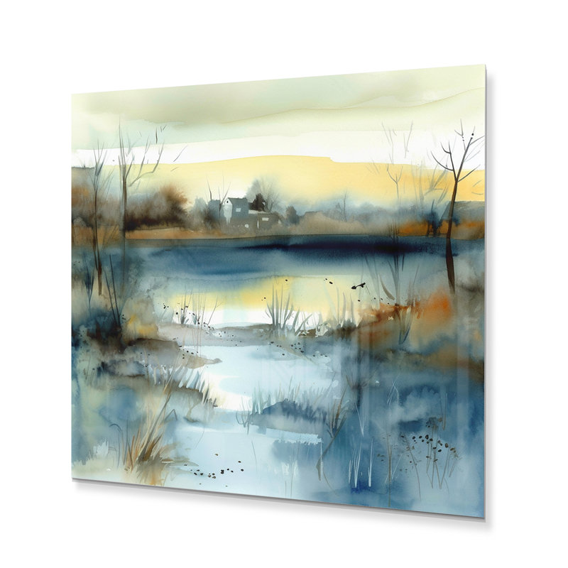 Summer Lake Landscape Illustration I - Impression de paysages sur métal, H 16 po x l 16 po x P 1 po