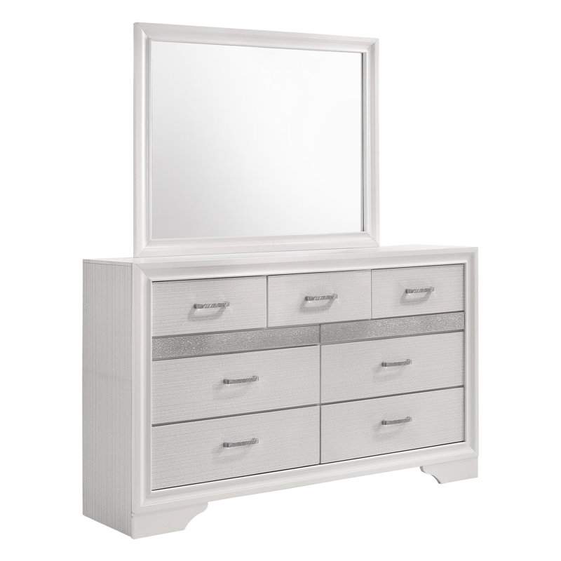 Ensemble de chambre à coucher Isadora blanc pour lit simple, comprenant un lit de rangement, une commode et un miroir.
