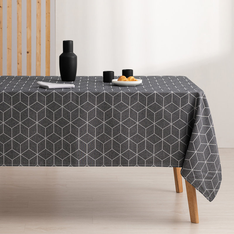 Heslington Geometric Cotton Tablecloth, 180cm W x 140cm L, Black