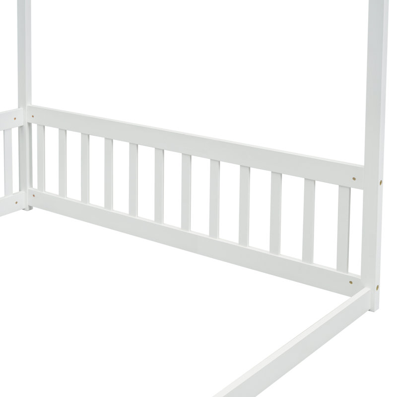 Canopy Frame Floor Bed With Fence, Guardrails, White, Full