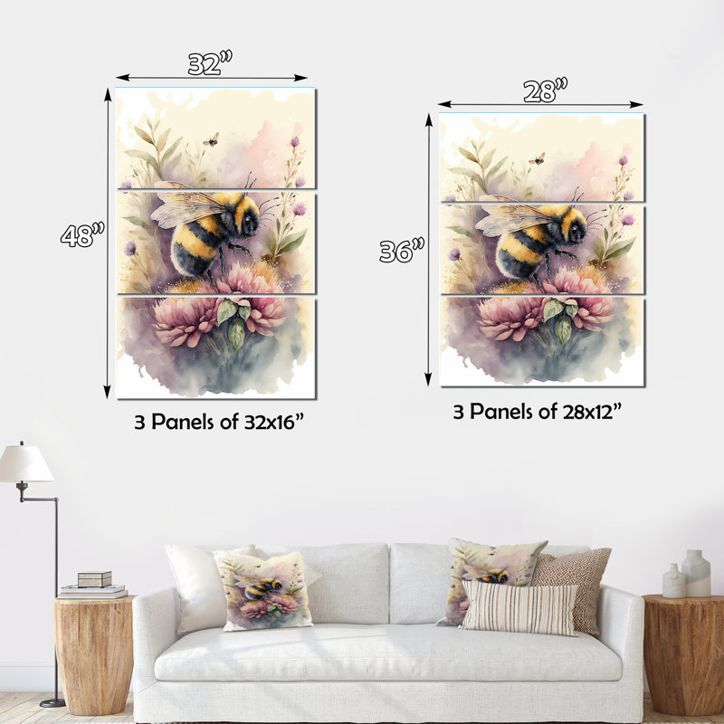 «Bee Flying To A Flower Watercolor I», ensemble d'art mural sur toile animaux, H 36 po x l 28 po x P 1 po