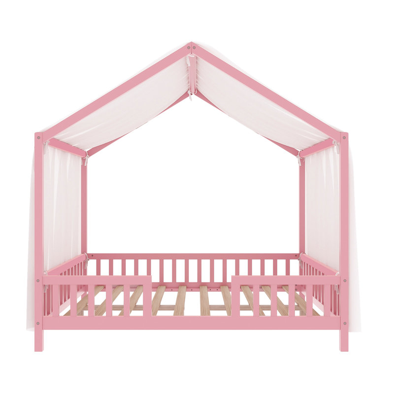 Low House Style Bed With Curtains, Full, Pink