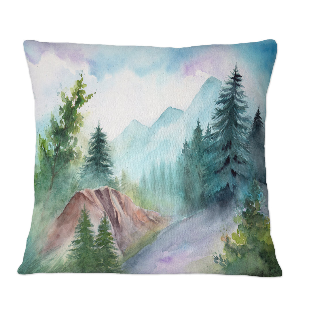 Landscape With Forest Road And Distant Mountains - Country Printed Throw Pillow Design Art