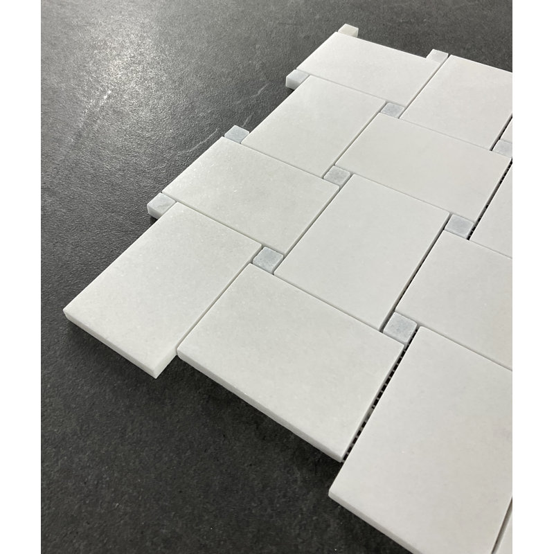 White/Gray Carrara Large Basketweave Marble Mosaic Wall & Floor Tile, Thassos White/Blue Celeste